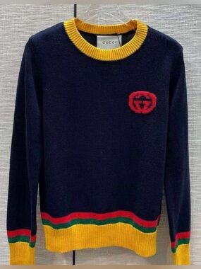 Gucci Navy Wool Crewneck Sweater with Yellow Neck and Hem Accents